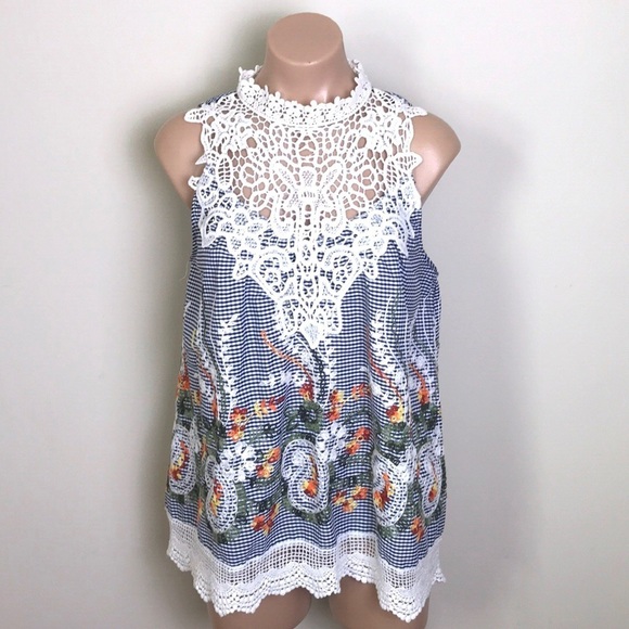 entro Tops - entro Gingham Embroidered Top Crochet Neck Blue